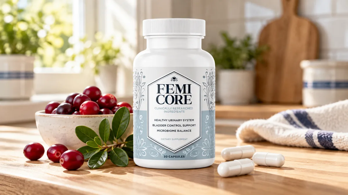 FemiCore ingredients list: FemiCore bottle with cranberries, bearberry leaves and probiotic capsules