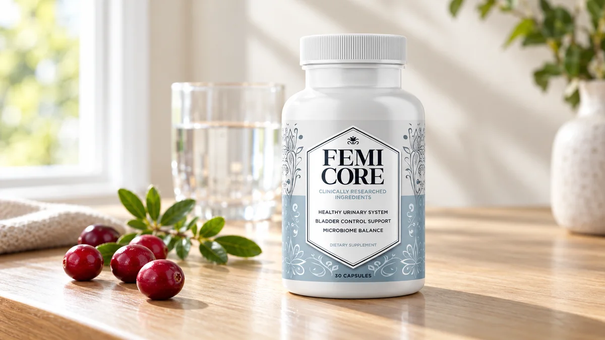 FemiCore reviews: bladder control supplement for women, bottle with probiotic and botanical ingredients