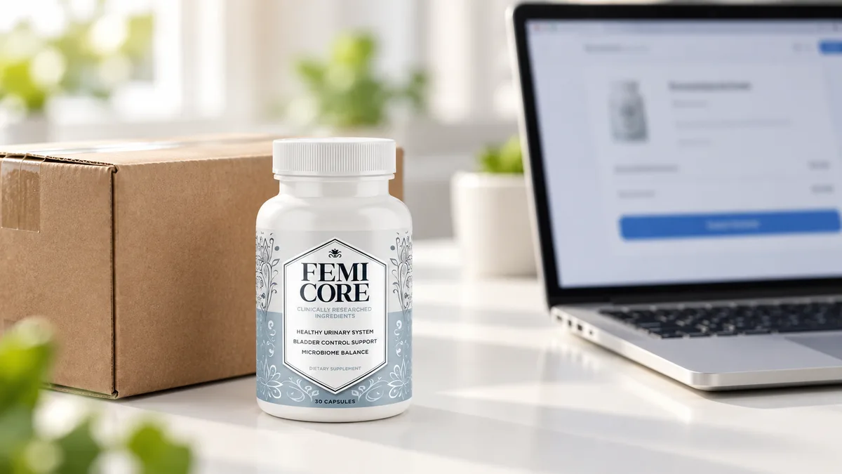 FemiCore scam check: genuine FemiCore bottle and shipping box on a desk beside a laptop showing a secure checkout