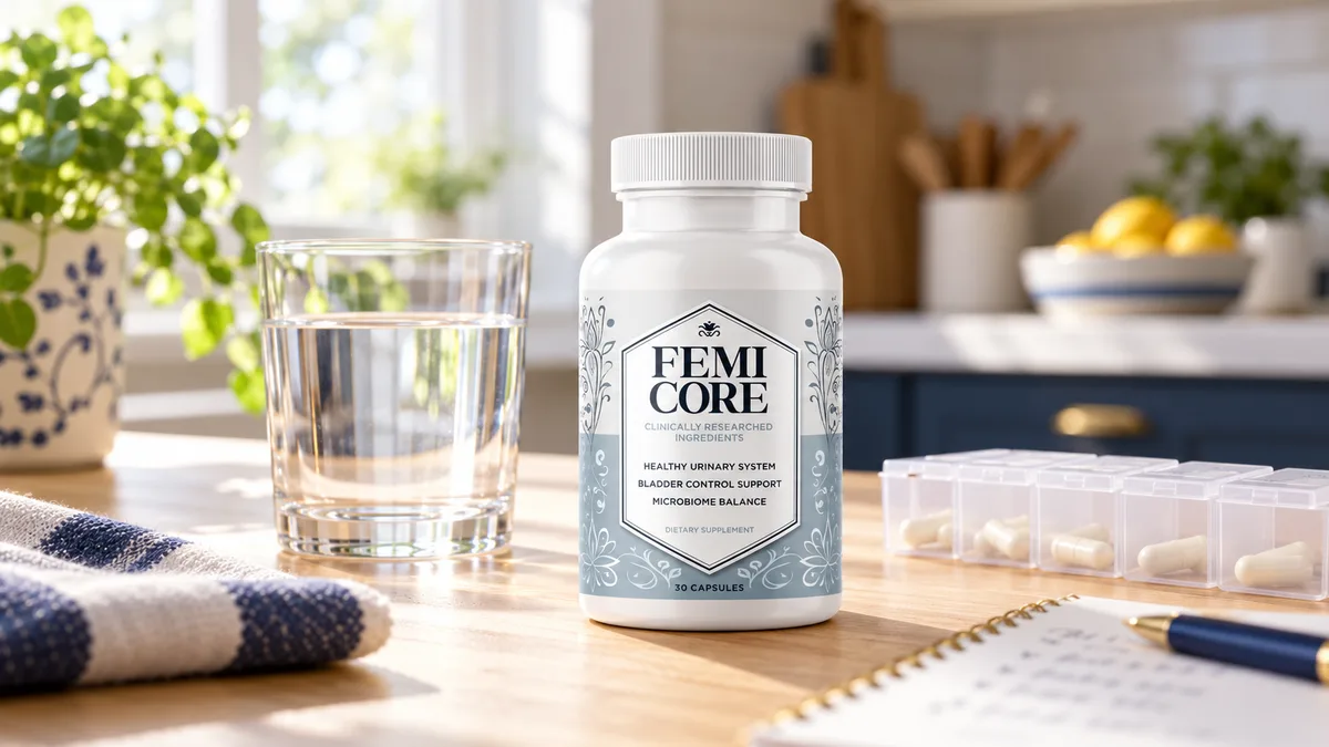 FemiCore side effects: FemiCore bottle beside a glass of water and a medication list on a kitchen table