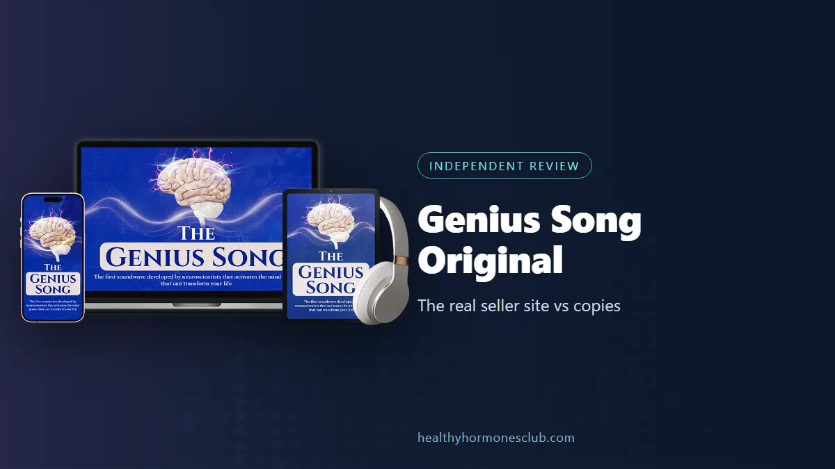 The Genius Song original: the seller's product mockup beside our independent guide to the real seller site and copies