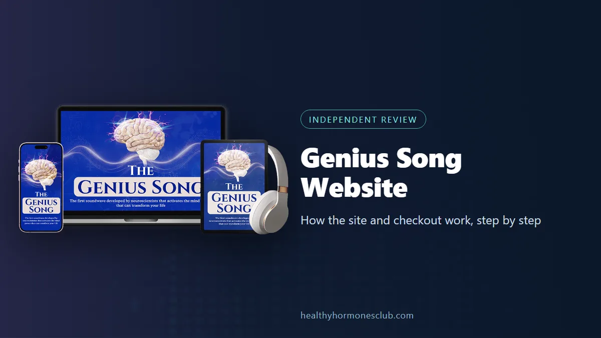 The Genius Song website walkthrough: the seller's device mockup with a step-by-step site and checkout label
