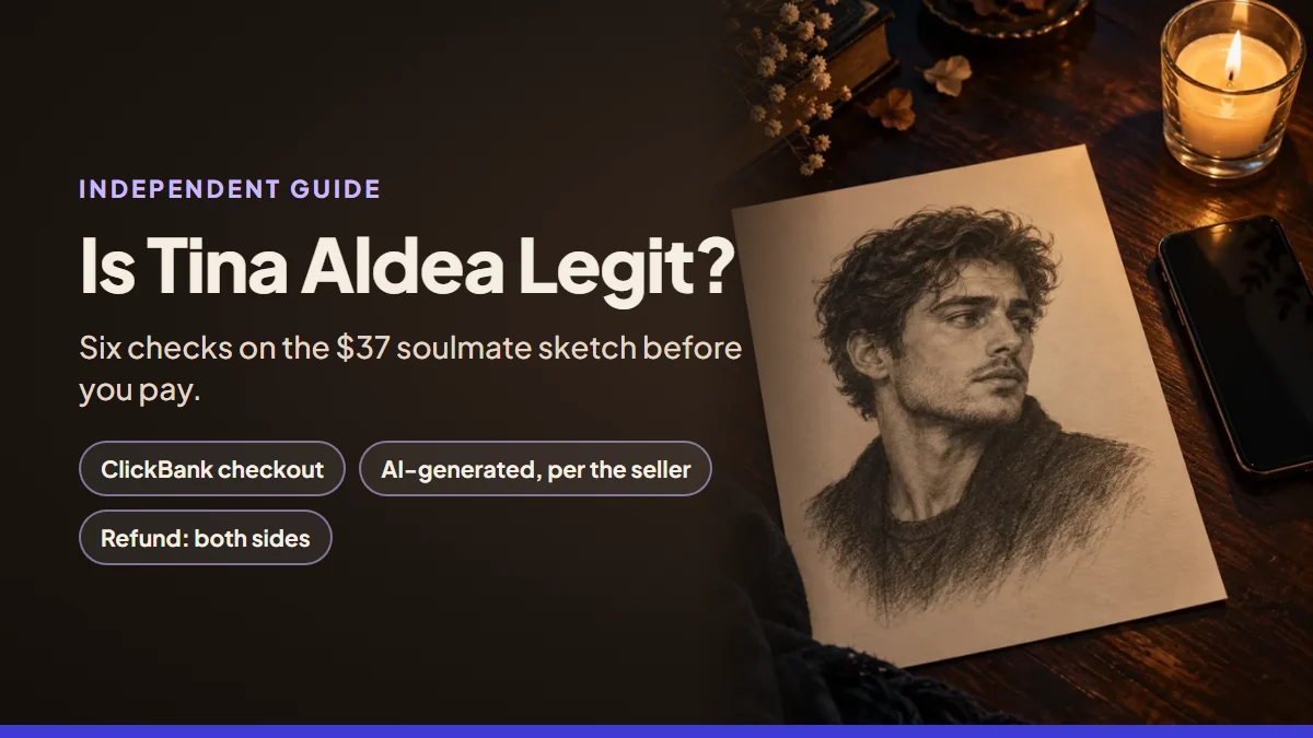 Is the Tina Aldea Soulmate Sketch legit: a pencil-style portrait on a dark desk beside a six-point legitimacy checklist