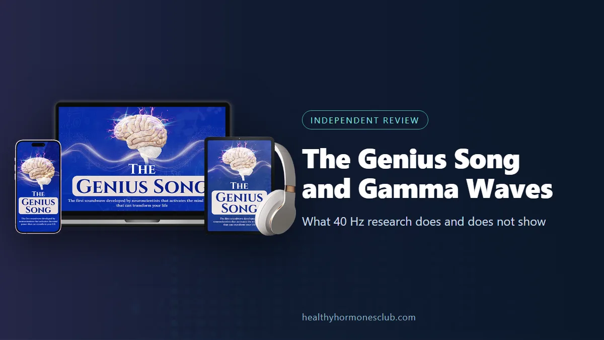 The Genius Song gamma waves: the seller's product mockup beside our independent look at 40 Hz research