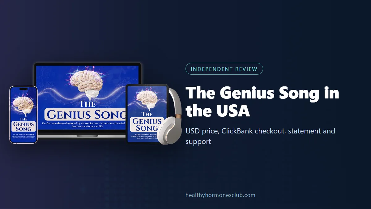 The Genius Song USA: the seller's product mockup beside our independent guide to the USD price, ClickBank checkout