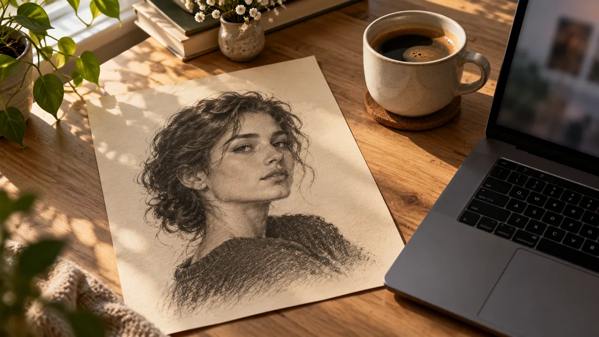Tina Aldea Soulmate Sketch reviews: a printed pencil-style soulmate portrait lying beside a laptop on a desk