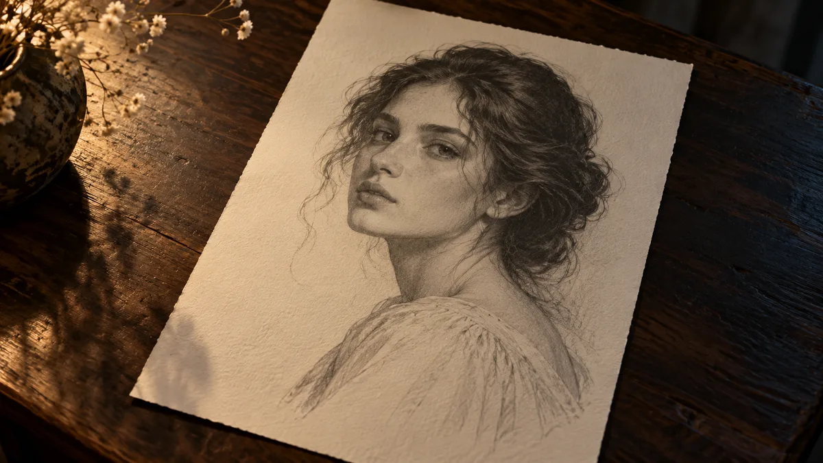 Tina Aldea Soulmate Sketch style: illustrative graphite portrait of a fictional face on textured sketch paper