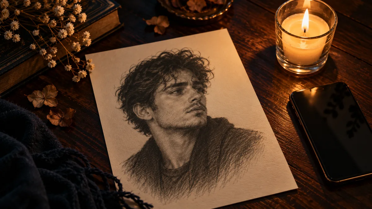 Tina Aldea Soulmate Sketch: a printed pencil-style portrait on a desk beside a phone and a lit candle