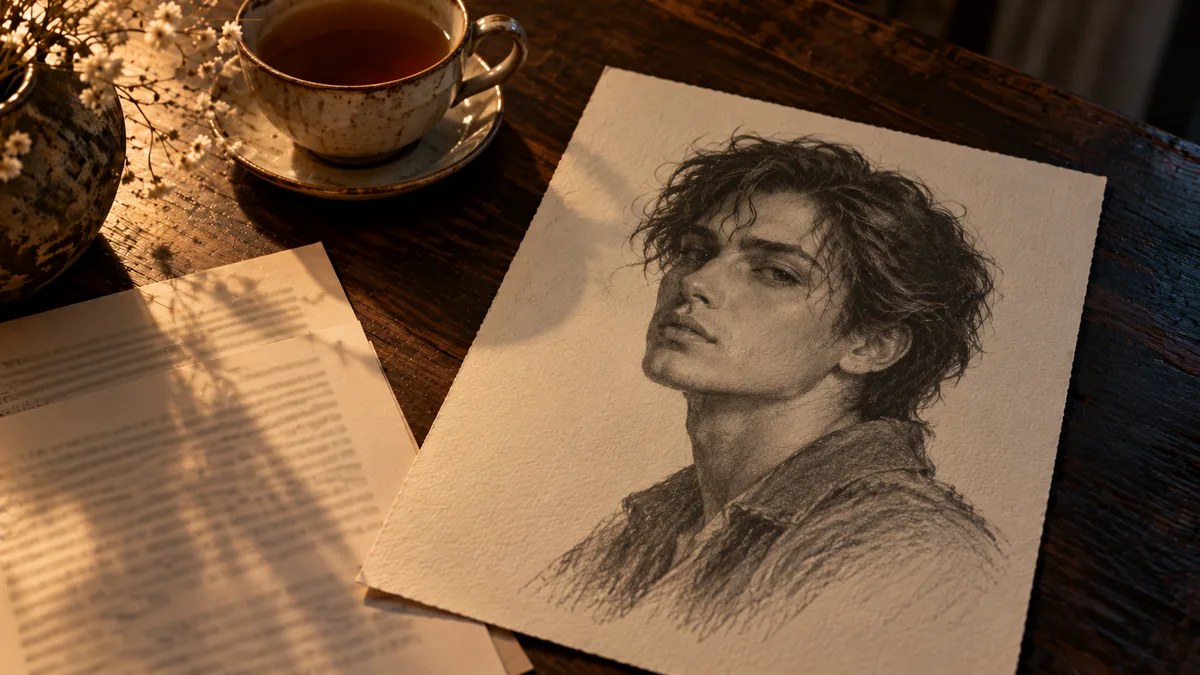 Tina Aldea Soulmate Sketch reading: printed reading pages beside a pencil sketch and a cup of tea on a table