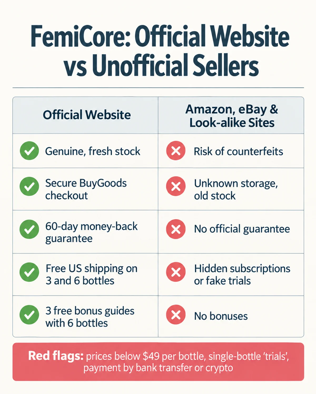 Infographic: FemiCore official website vs unofficial sellers, how to spot genuine FemiCore and avoid fake listings