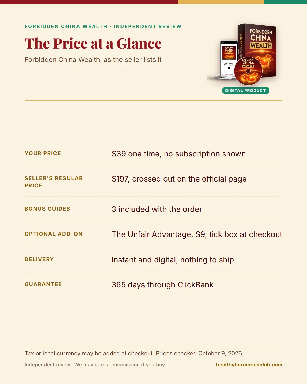 Forbidden China Wealth official website infographic: $39 one-time, 3 bonuses, optional $9 add-on and a 365-day guarantee