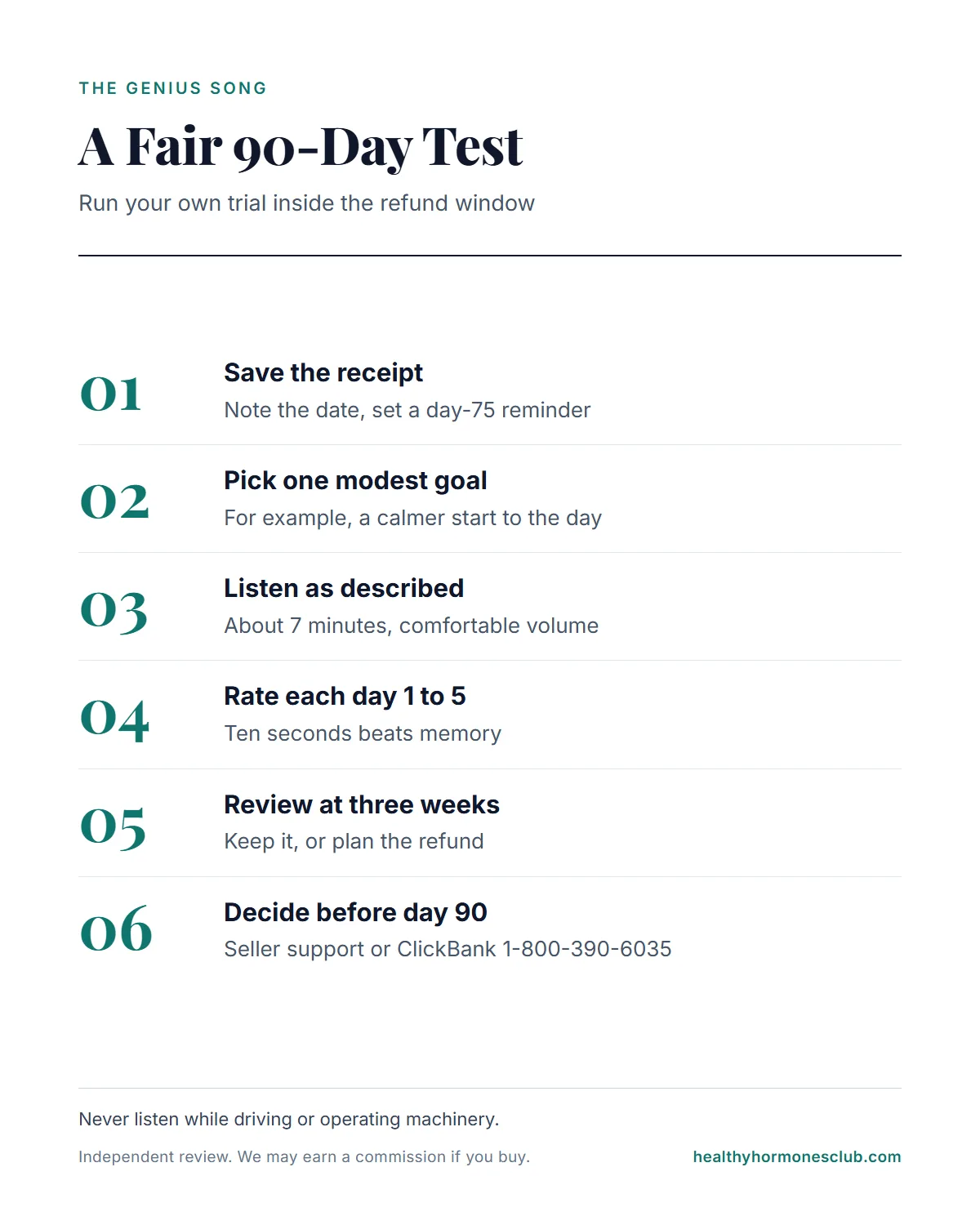 The Genius Song review: Six-step plan for a fair 90-day test of The Genius Song, from saving the ClickBank receipt