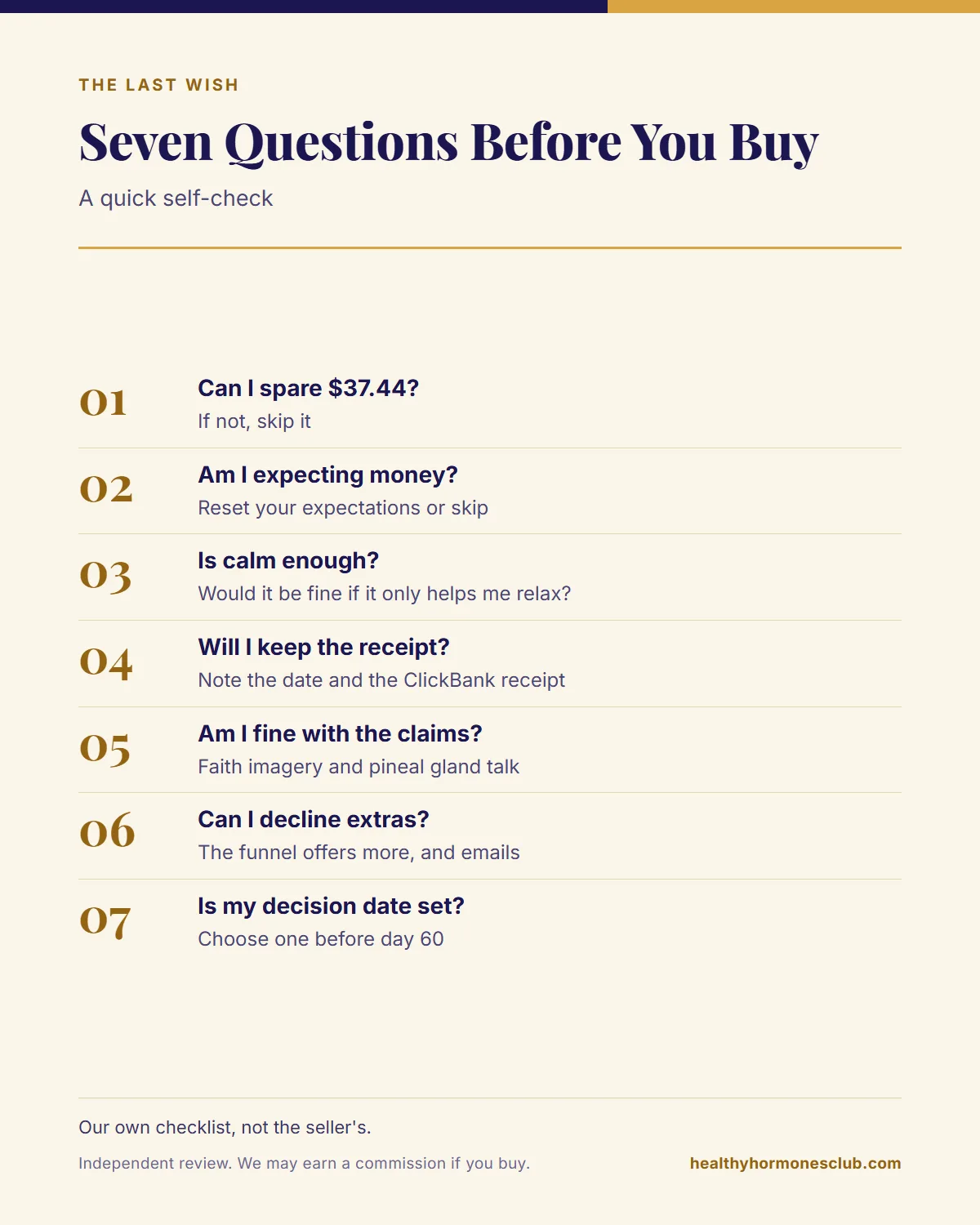The Last Wish program decision checklist infographic with seven questions to ask before you buy