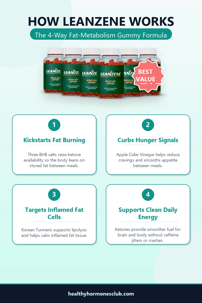 How Leanzene works infographic showing fat burning, hunger control, inflamed fat cell support, and clean daily ketone energy