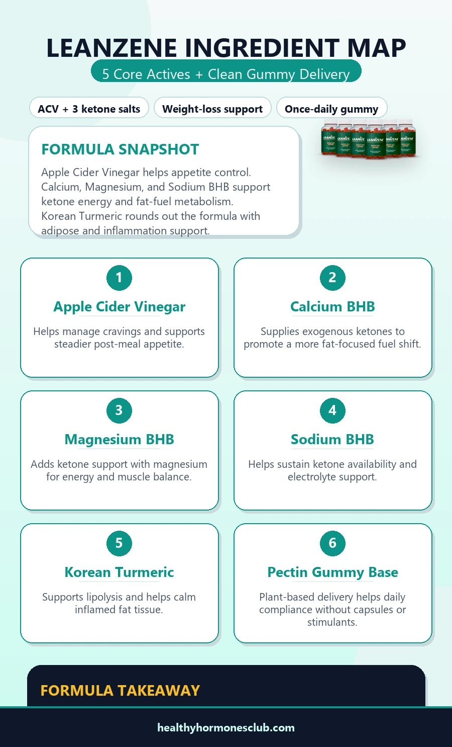 Leanzene ingredient map infographic showing Apple Cider Vinegar, Calcium BHB, Magnesium BHB, Sodium BHB, Korean Turmeric, and the pectin gummy base