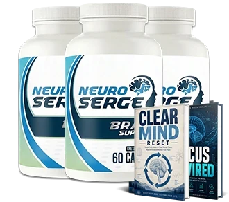 Neuro Serge 3-bottle package shown with bonus guide covers, from the official order page