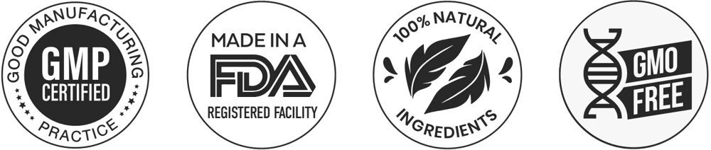 Seller badges for Neuro Serge: GMP certified, made in an FDA-registered facility, 100% natural ingredients and GMO free