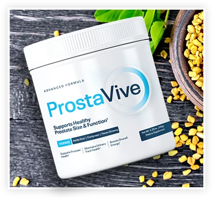 ProstaVive tub resting on fenugreek seeds, one of the label ingredients, from the official order page