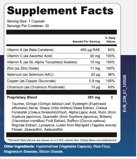 VisiFlora supplement facts panel showing one capsule serving and the amount of each vitamin and mineral