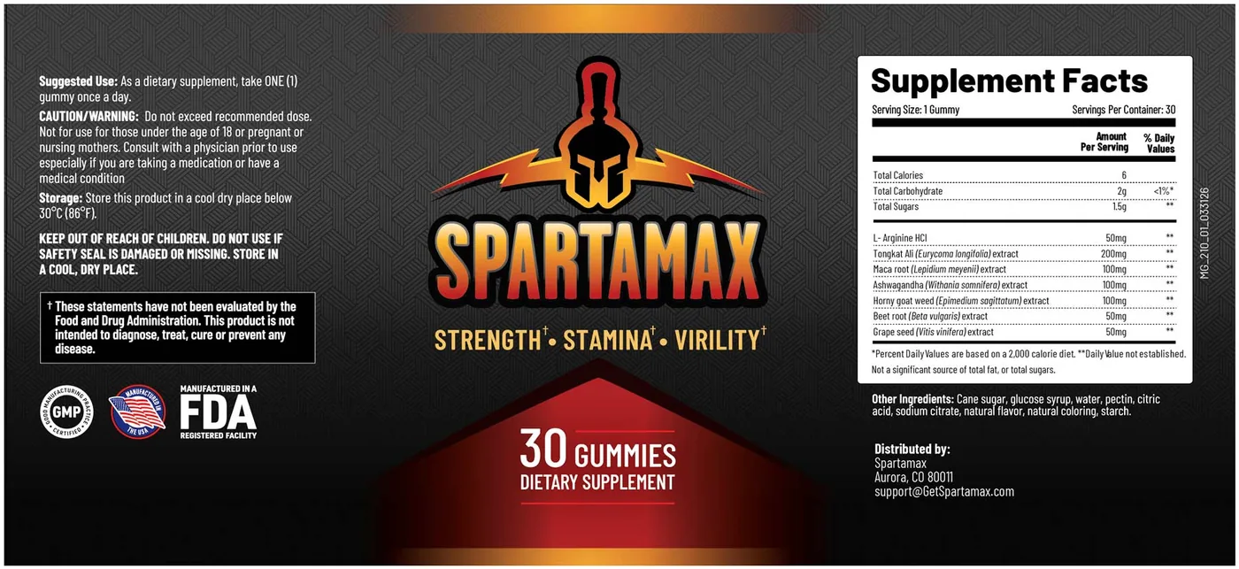 Spartamax Supplement Facts label showing L-Arginine HCl 50mg, Tongkat Ali 200mg, Maca Root 100mg, Ashwagandha 100mg, Horny Goat Weed 100mg, Beet Root 50mg and Grape Seed Extract 50mg per gummy