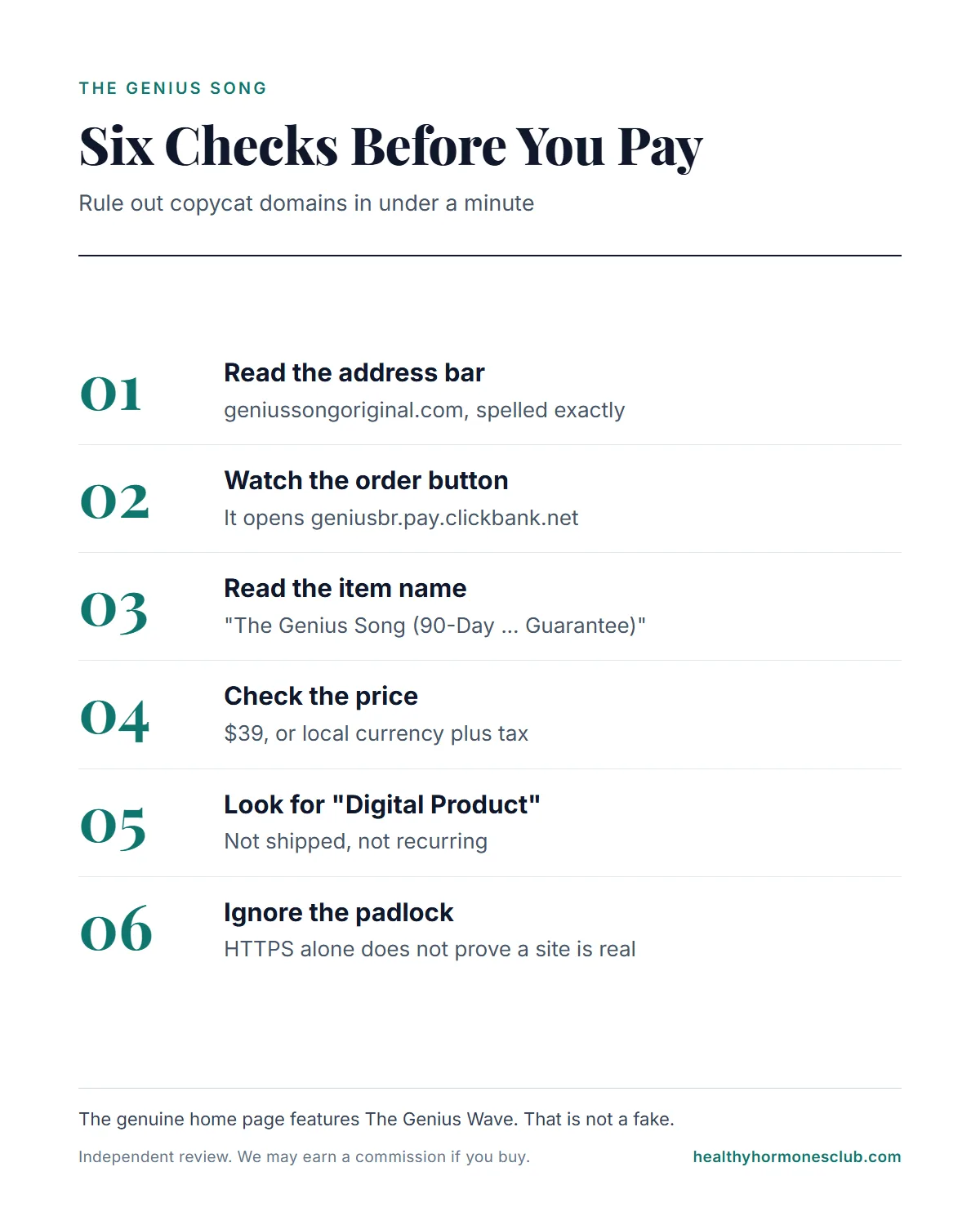 The Genius Song website copycat checks infographic: six checks on the address, checkout, item name, price and payment method