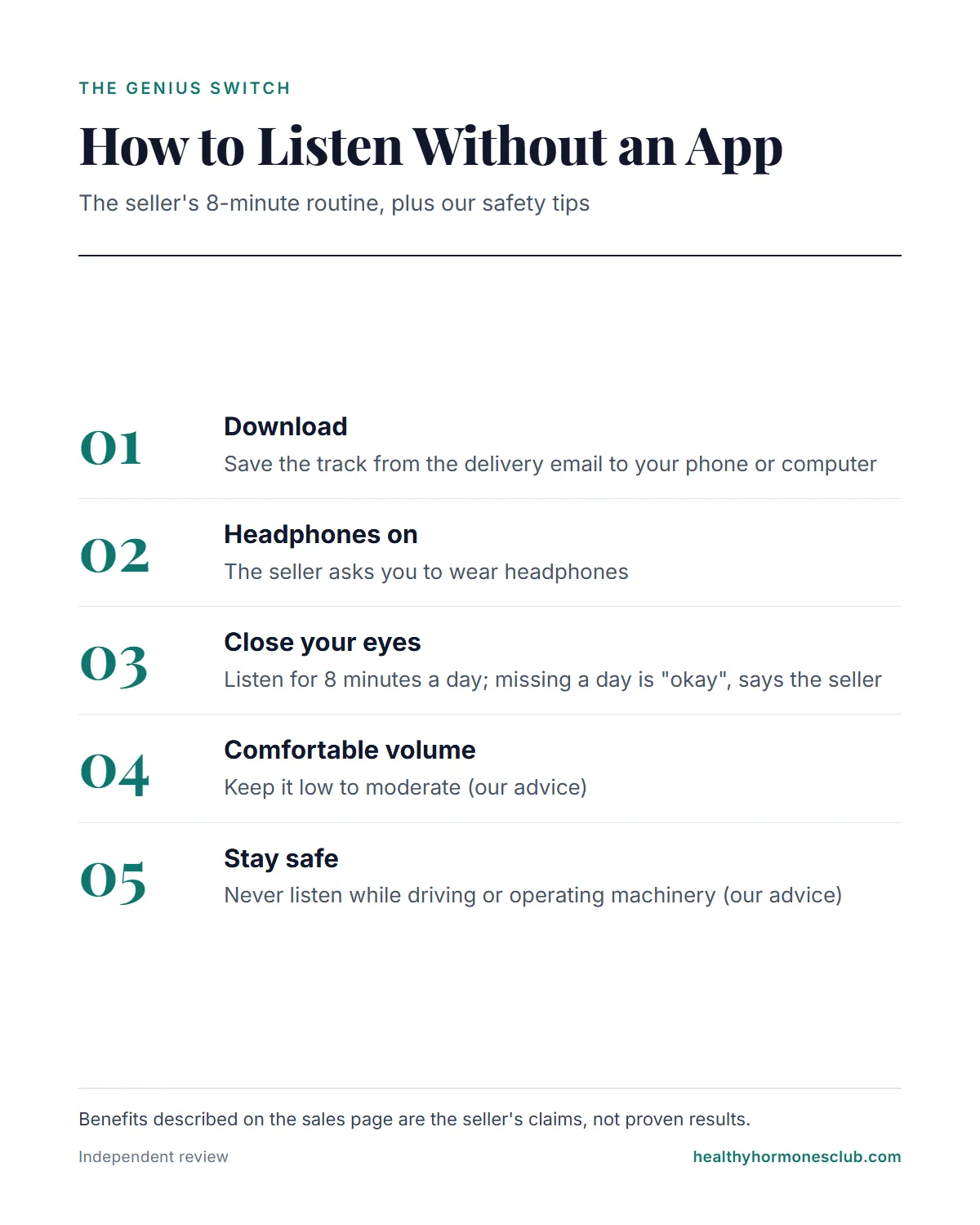 How to listen to The Genius Switch without an app: download the track, use headphones, keep a comfortable volume