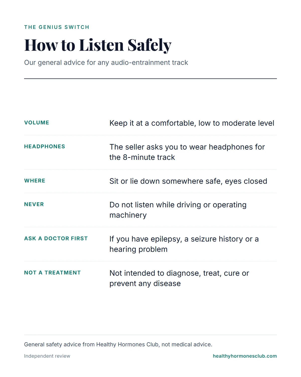 How to listen to The Genius Switch safely: low to moderate volume, never while driving, ask a doctor first if unsure