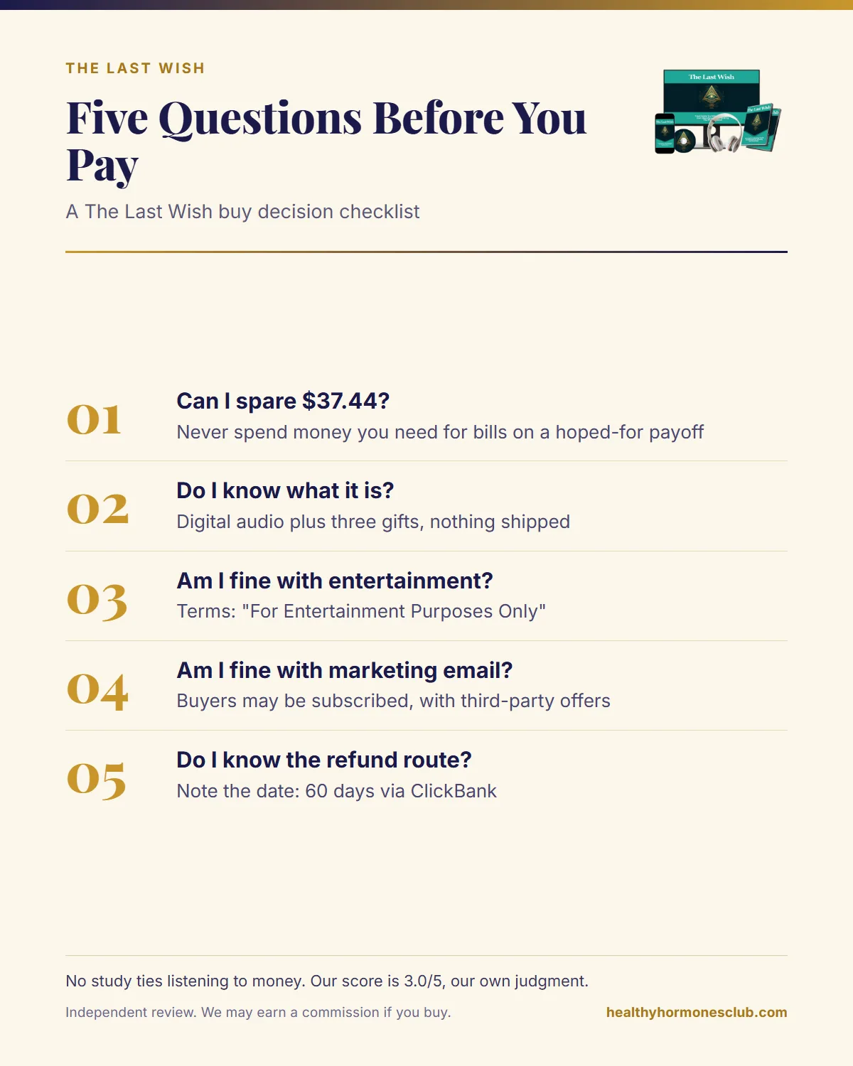 The Last Wish manifestation buy checklist infographic: five questions to answer before you pay