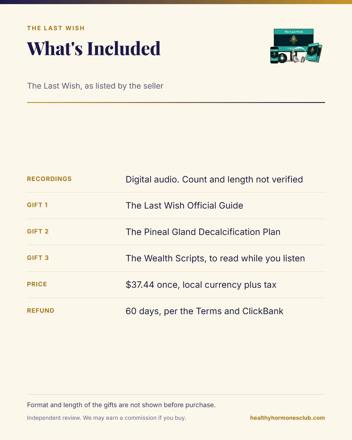 The Last Wish product contents infographic: digital recordings and three listed gifts with what is verified