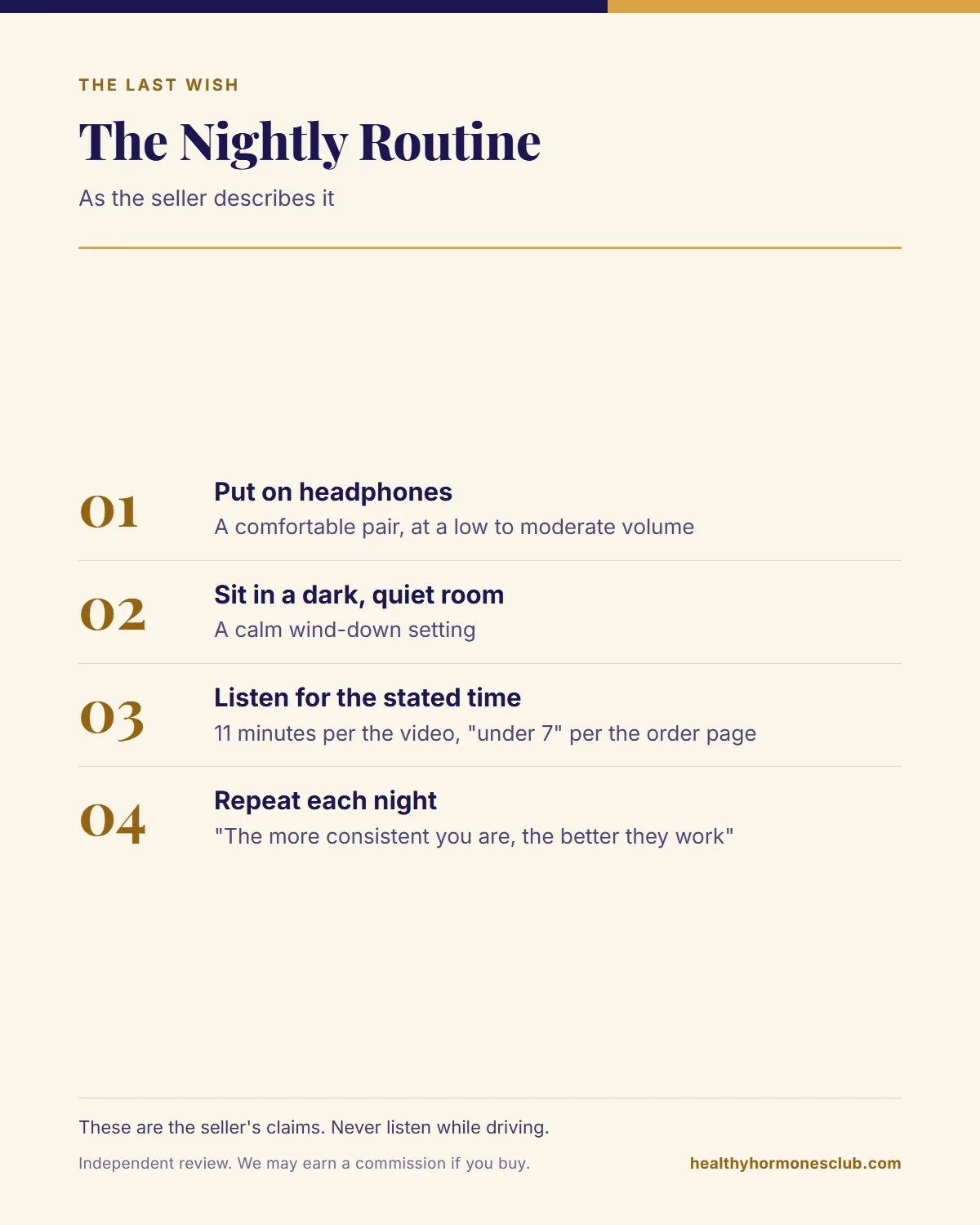 The Last Wish program review infographic: headphones, a dark room and a few minutes listening