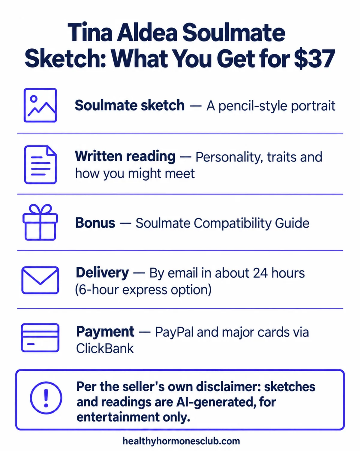 Tina Aldea Soulmate Sketch reviews infographic: what the $37 soulmate sketch package includes, delivery time and payment options