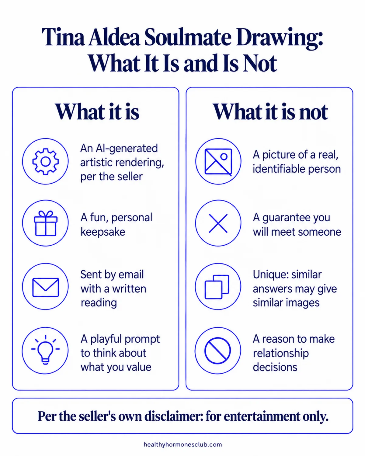 Tina Aldea Soulmate Sketch expectations infographic: what the portrait is and is not, with the seller's entertainment-only disclaimer